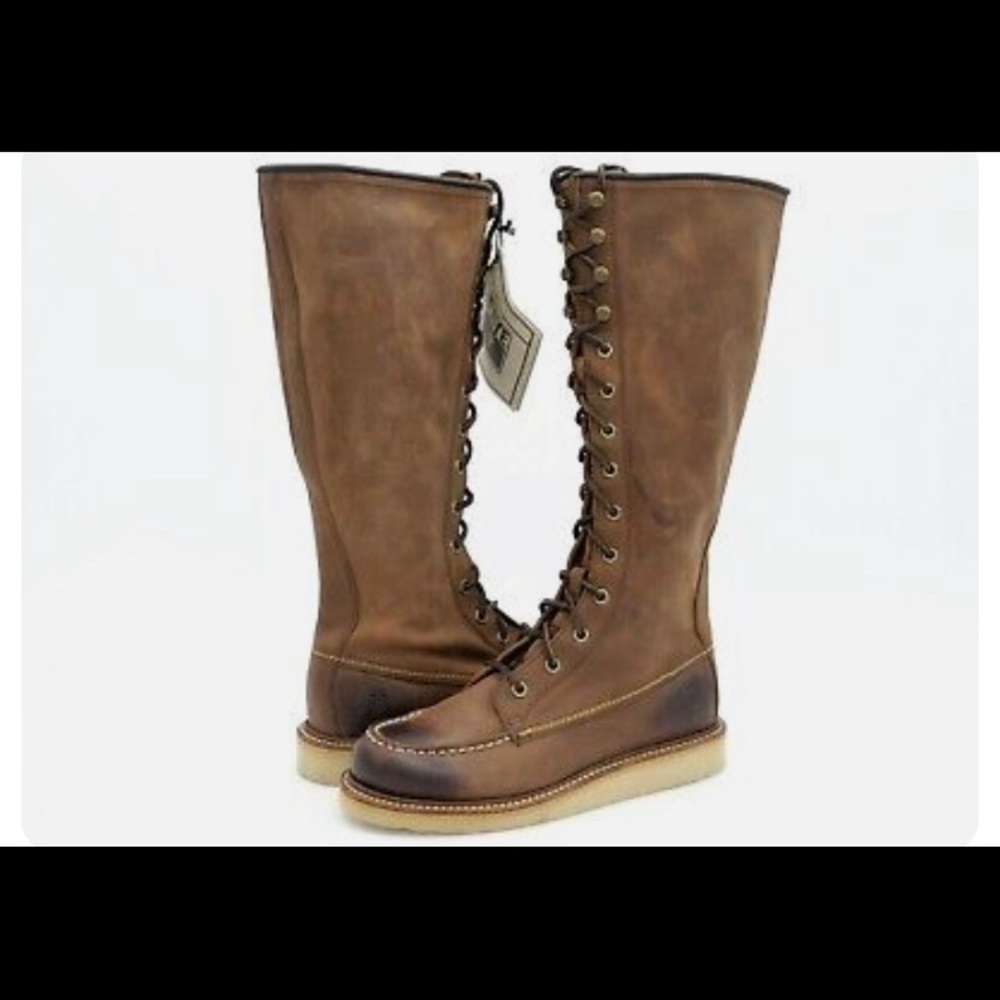 FRYE Dakota Wedge Lace Up Tall Boots Brown Rugged Leather